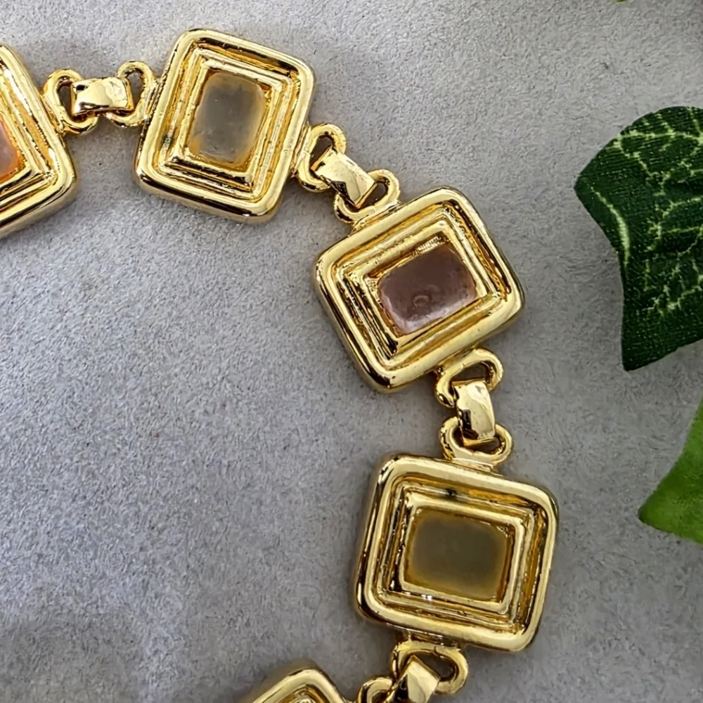 Gold Square Link Bracelet with Frosted Acrylic Glass Stones - Picture 3 of 10